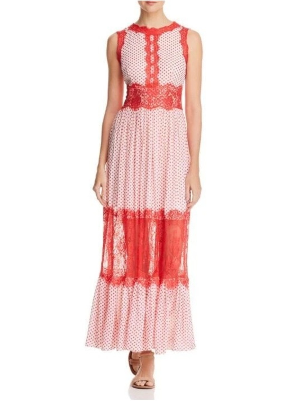 Aqua Red and White Lace-Trim Polka Dot Maxi Dress